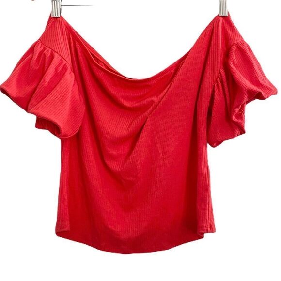 Love Fire Rib Knit Off Shoulder Top Hibiscus - Picture 2 of 12